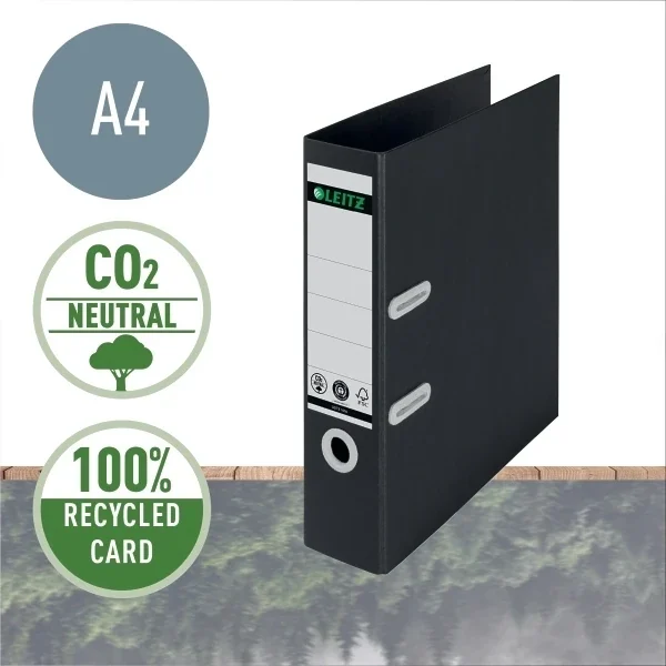 Biblioraft Leitz 180° Recycle, carton, partial reciclat, certificare FSC, reciclabil, A4, 80 mm, negru