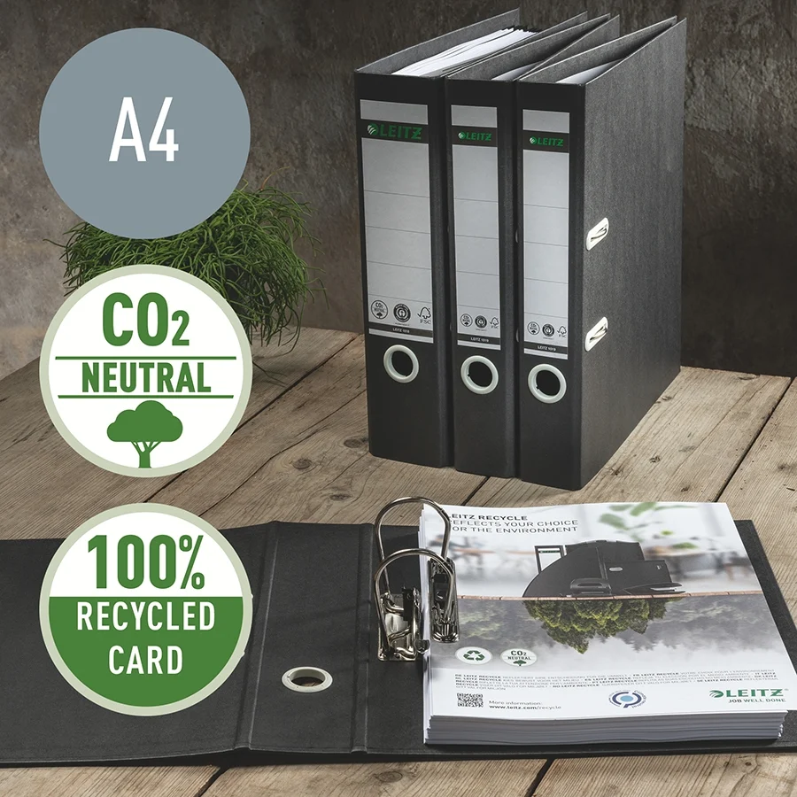 Biblioraft Leitz 180° Recycle, carton, partial reciclat, certificare FSC, reciclabil, A4, 80 mm, negru – imaginea 2