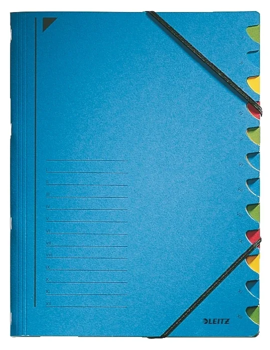 Mapa cu separatoare Fashion, carton, 100% reciclat, certificare Blue Angel, reciclabil, A4, 12 separatoare, albastru, Leitz
