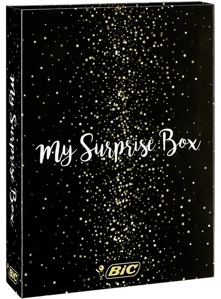 Set BIC My Surprise Box, 5 rollere, 5 markere permanente, 2 pixuri 4 Colours Shine, 2 pixuri Cristal Shine, 1 carnet A5, 1 set notite adezive