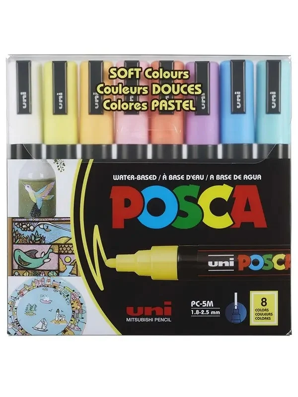 Marker cu vopsea Posca PC-5M, varf 1.8-2.5 mm, 8 culori/set pastel