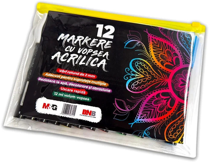 Marker cu vopsea acrilica, varf rotund de 2 mm, 12 culori/set, M&G