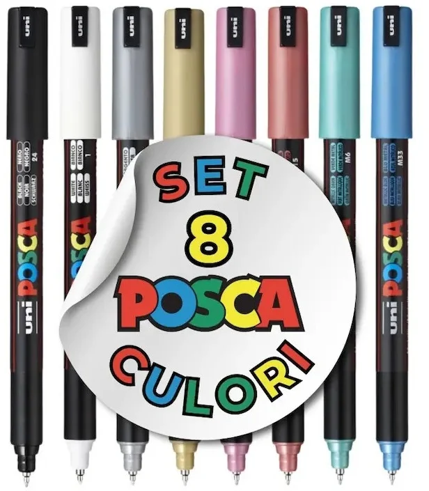 Marker cu vopsea Posca PC-1M, varf 0.7 mm, 8 culori/set metalice
