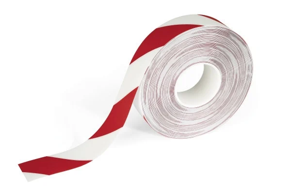 Banda autoadeziva pentru marcat locatii Duraline Strong 50 mm x 30 m alb-rosu Durable