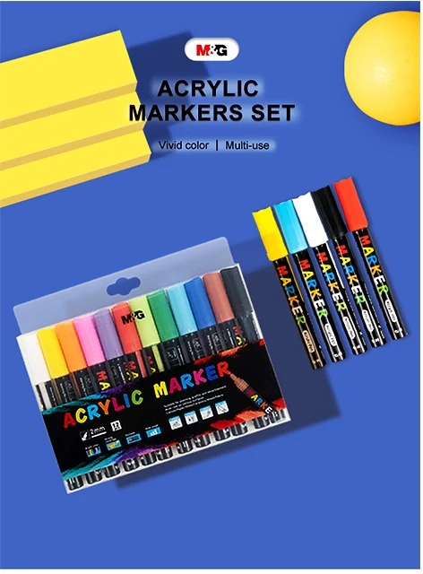 Marker cu vopsea acrilica, varf rotund, 2mm, 12 culori/set, M&G – imaginea 2
