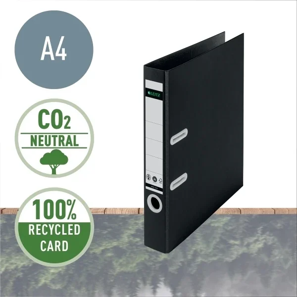 Biblioraft Leitz 180° Recycle, carton, partial reciclat, certificare FSC, reciclabil, A4, 50 mm, negru