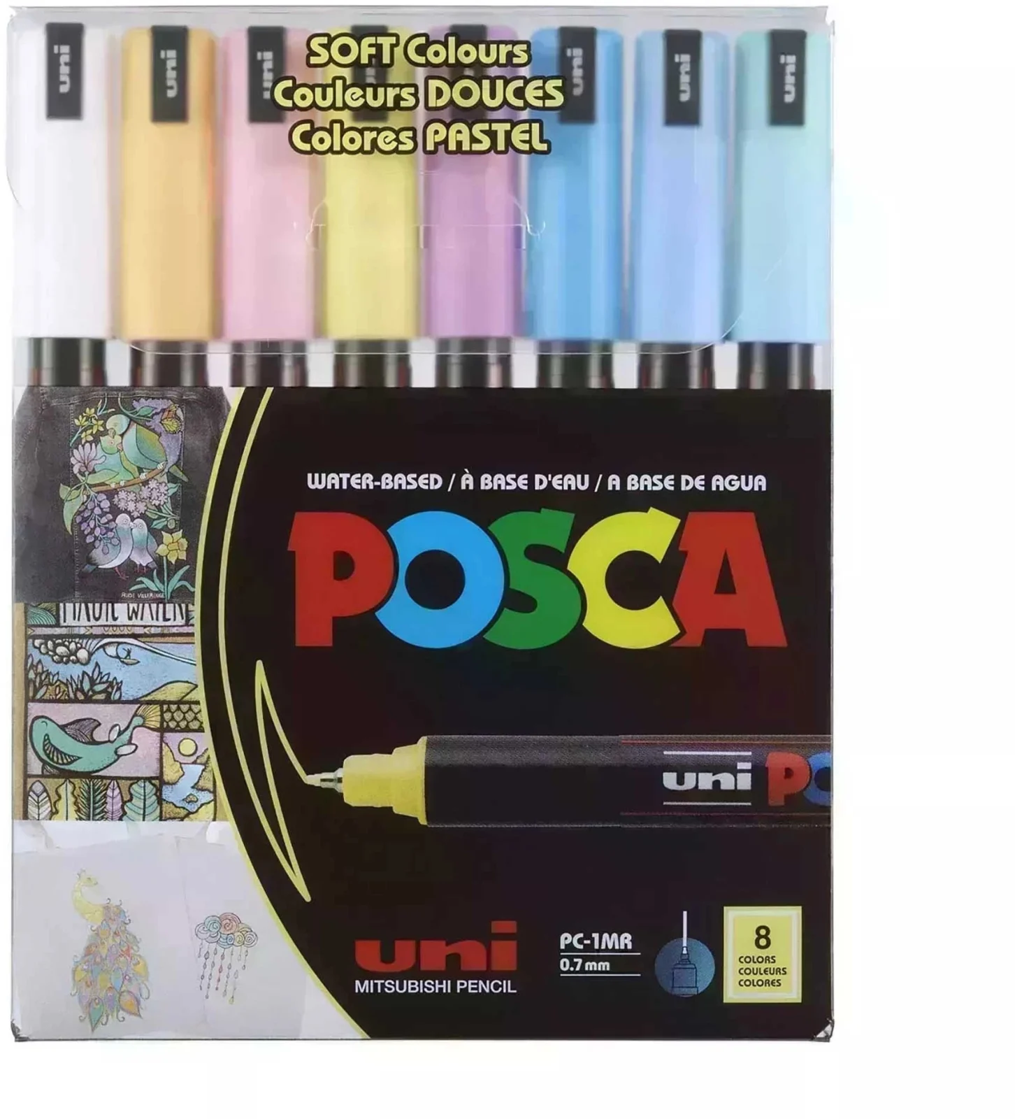 Marker cu vopsea Posca PC-1MR, varf 0.7 mm, culori pastel, 8 culori/set