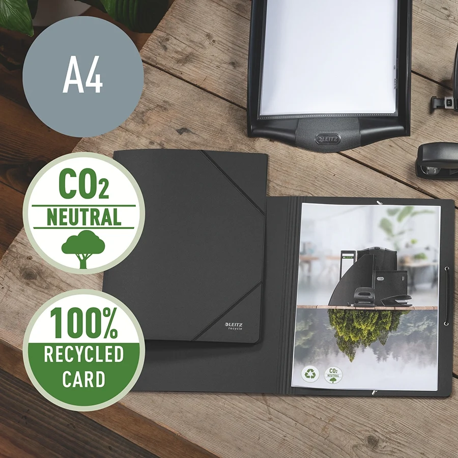 Mapa cu elastic Leitz Recycle, carton, 100% reciclat, certificare Blue Angel, reciclabil, A4, 250 coli, negru – imaginea 2