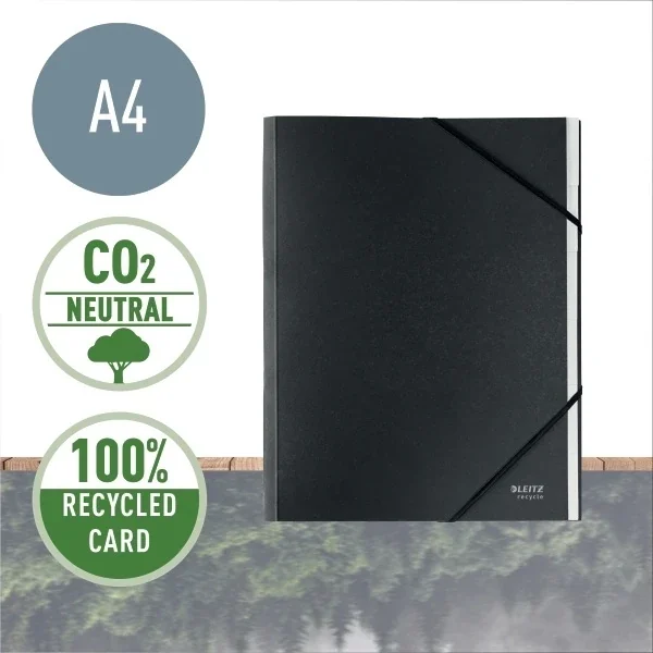 Mapa cu separatoare Leitz Recycle, carton, 100% reciclat, certificare Blue Angel, reciclabil, A4, 6 separatoare, negru