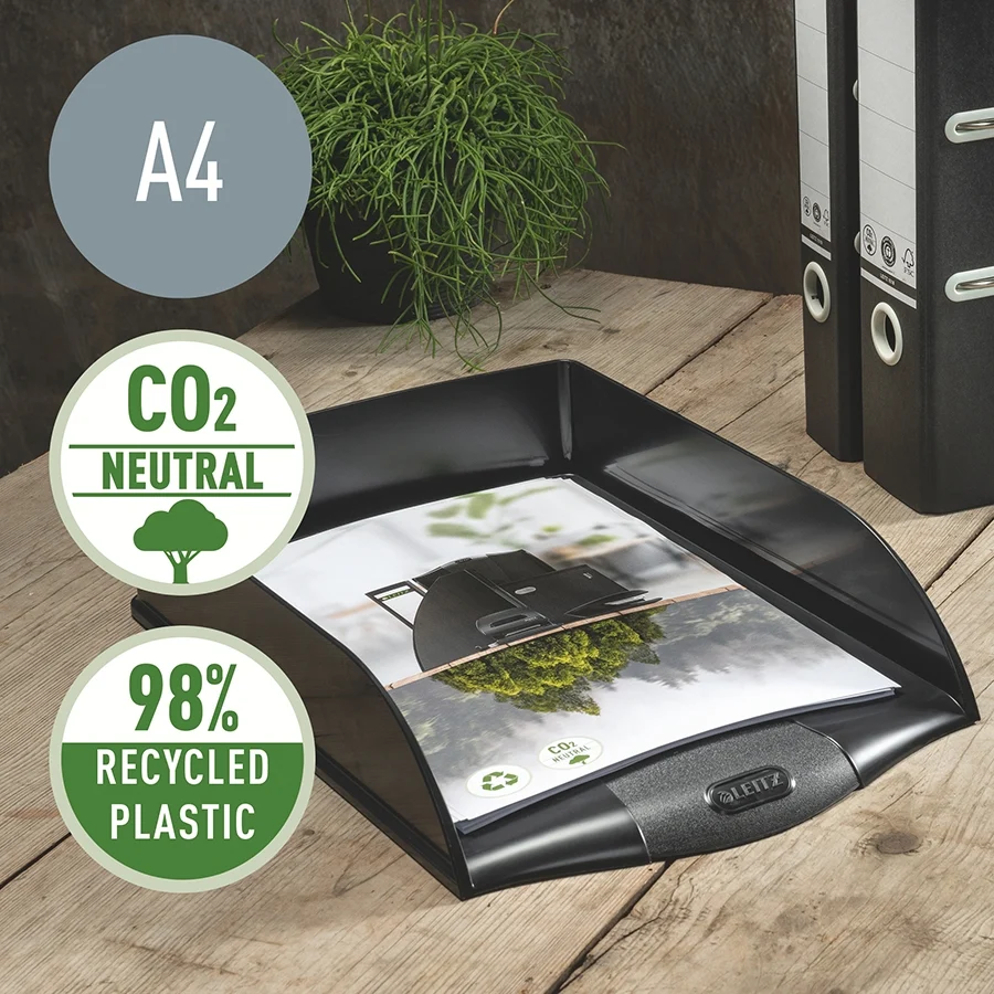 Tavita documente Recycle, PS cu amprenta CO2 neutra, partial reciclat, certificare Blue Angel, reciclabil, A4, negru, Leitz – imaginea 2
