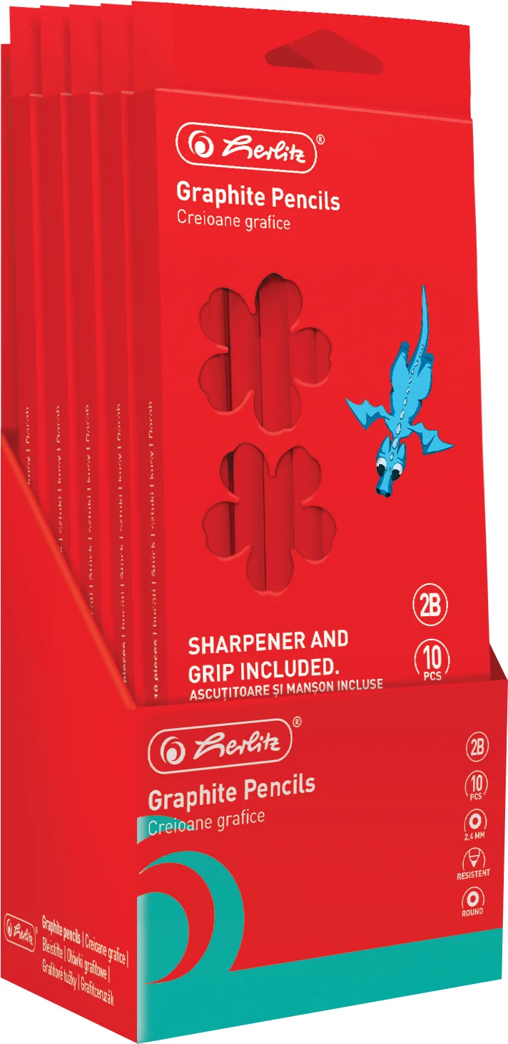 Creion grafit 2B, mina 2.4mm, rosu, set 10 + manson creion din silicon si ascutitoare, Herlitz – imaginea 3